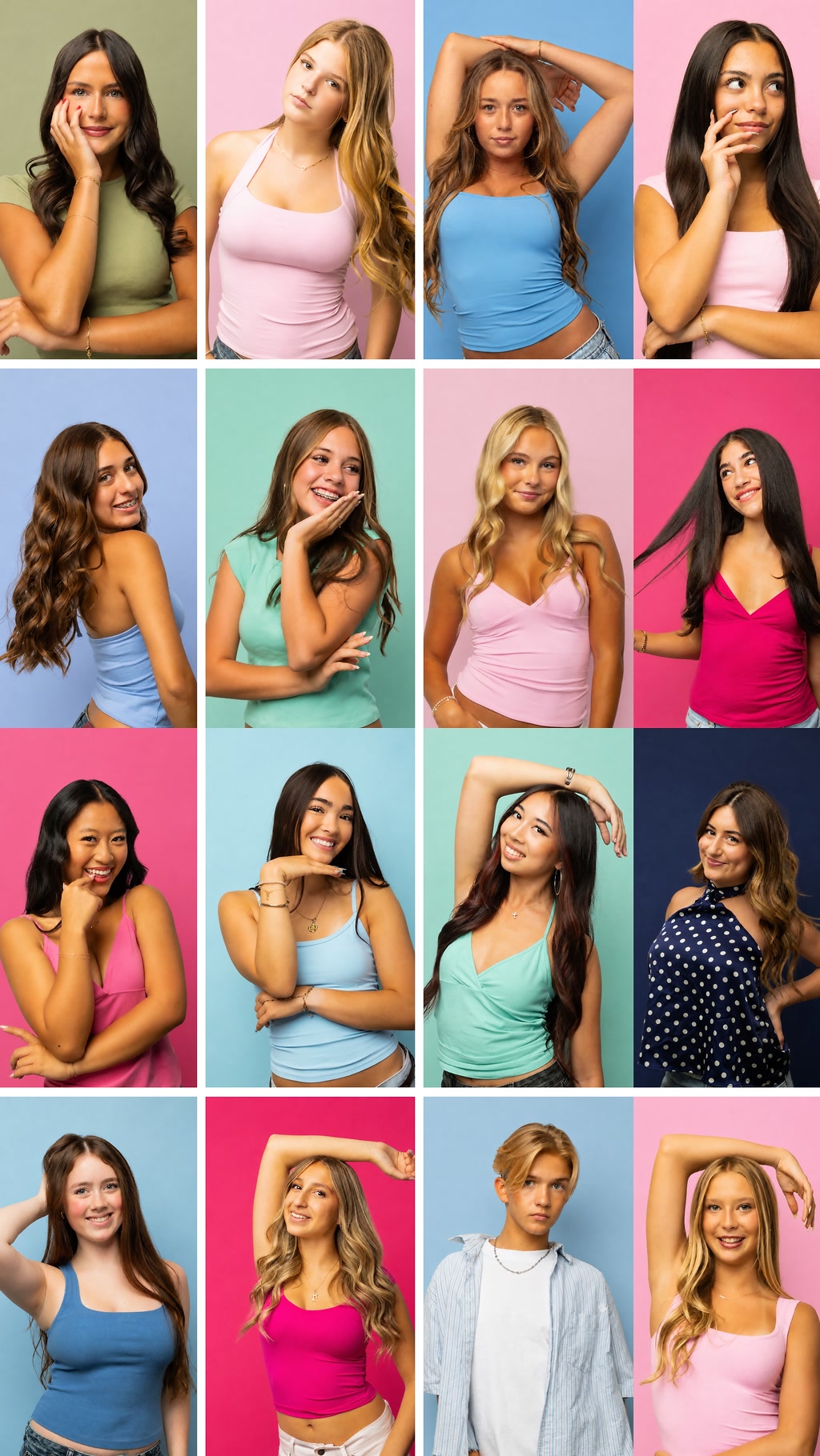 Grid of teen studio portraits on pastel backdrops