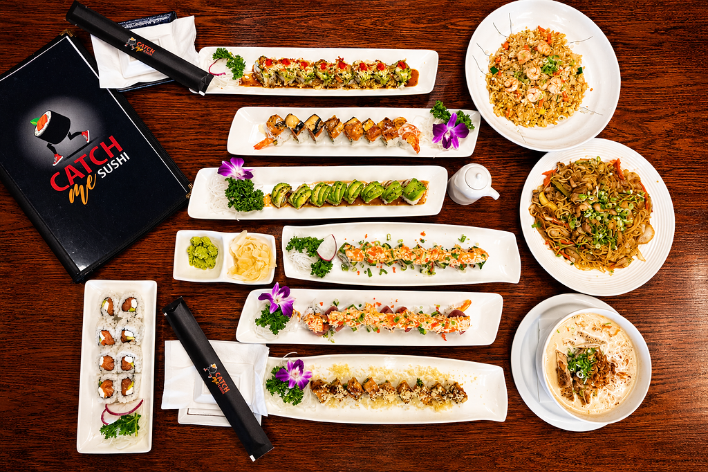 Sushi spread photographed overhead