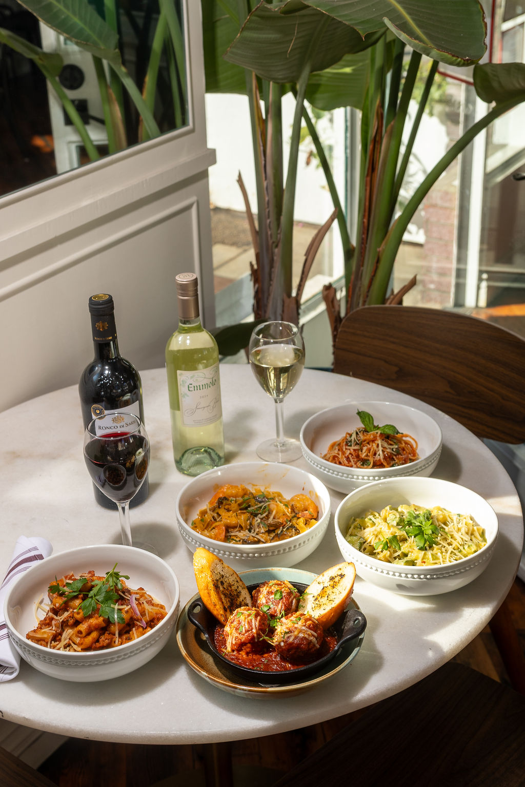 Italian pasta and wine spread